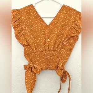 Lyaner Polka Dot Milkmaid Crop Top Smocked Waist Ruffle Sleeve Tie Side Blouse